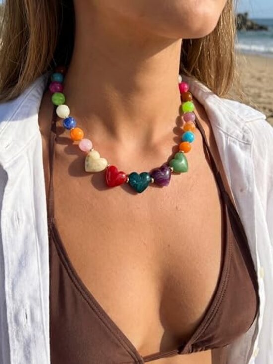 Jewelry - Chunky Heart Necklace for Women, Colorful Acrylic Beaded Statement Puff Heart
